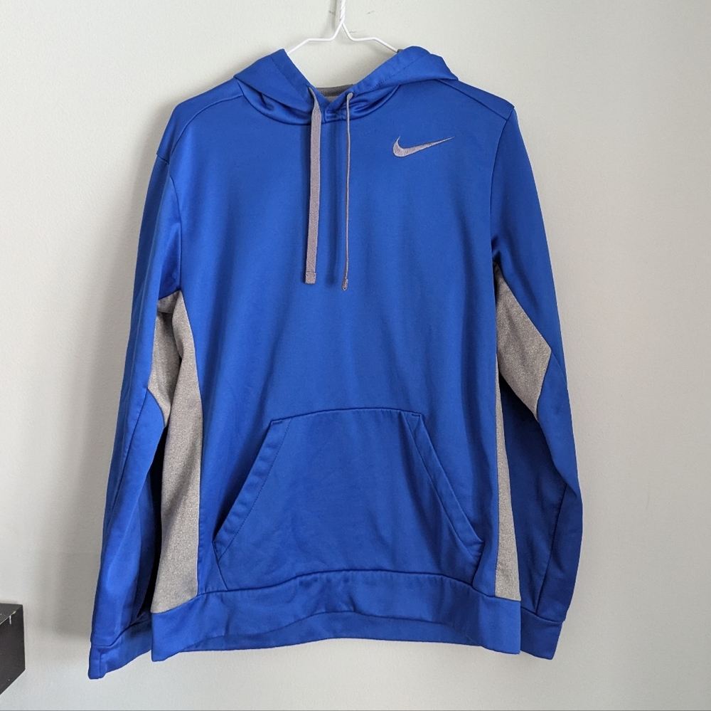 Nike Mens Medium Therma Fit Blue Grey Drawstring Hoodie Jacket Pullover Athletic